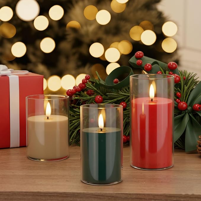 Tuanse 3 Pcs Green and Red Christmas Flameless Pillar Candles with Battery Powered Xmas Mixed Size Color Flickering LED Pillars Lights for Christmas Winter Home Party Decoration