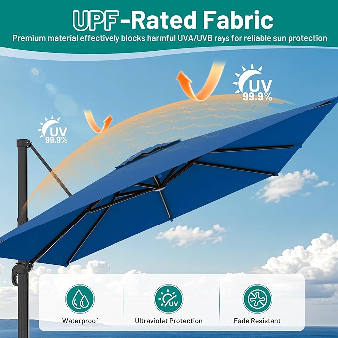 AreShark 10 × 10FT Square Cantilever Patio Umbrella with Base Included, 360° Rotation Offset Outdoor Umbrella, 5 Tilt Settings Heavy Duty Hanging Parasol for Deck Garden Pool, Royal Blue