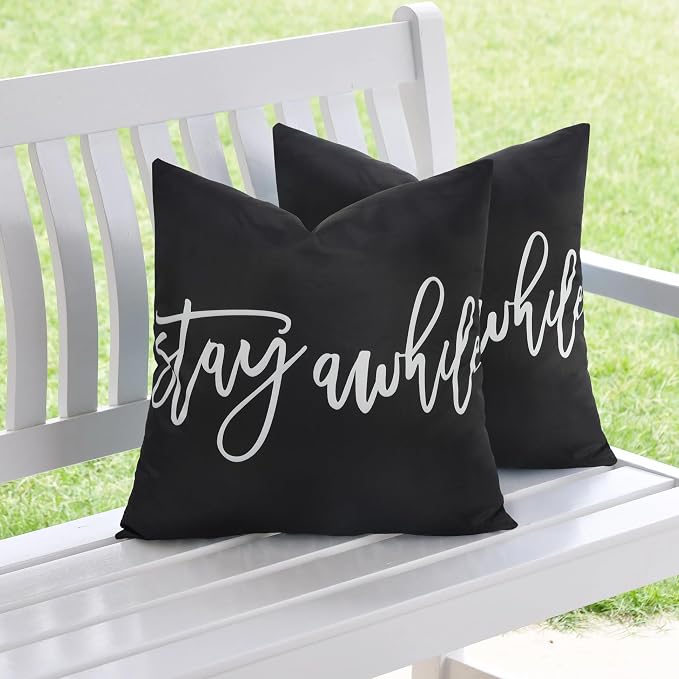 Adabana Outdoor Waterproof Stay awhile Pillow Covers Set of 2 20x20 Inch | Home Decorative Outdoor Pillows Cover for Patio Garden Porch Farmhouse