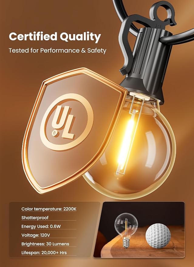 Brightown Outdoor String Lights, 109FT G40 LED IP65 Waterproof Patio Lights | 50 Shatterproof Edison Bulbs, Plug-In, Dimmable, Connectable, Outside Light for Backyard Porch Party Christmas Decorative