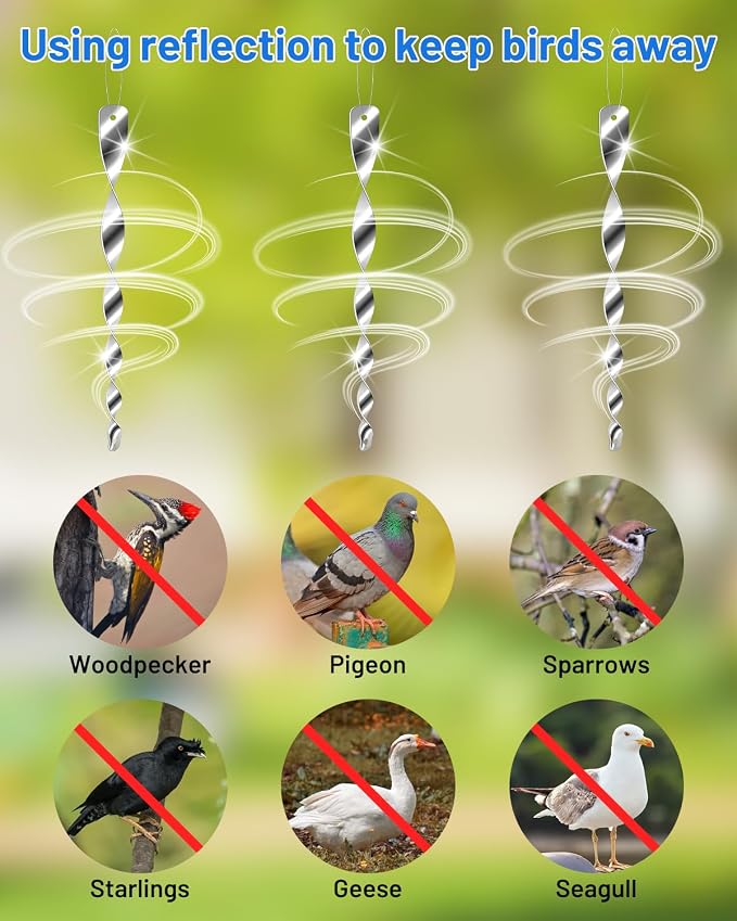 24Pcs Bird Reflective Scare Rods, Plastic Deterrent Devices for Outside Patio, House, Garden, Window to Keep Woodpecker Pigeon Away, Silver Hanging Wind Spinners Outdoor Decor
