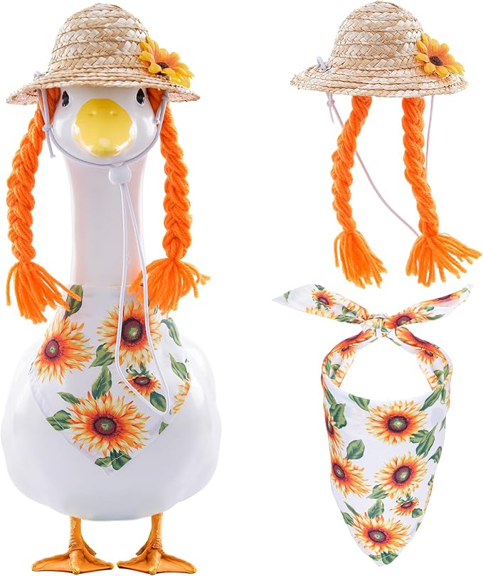 Sunflower Outfit for Porch Goose - 2Pcs Summer Goose Clothes with Yellow Floral Hat & Bib Accessories for 23” Cement or Plastic Gooses Statue, Garden Lawn Porch Decoration
