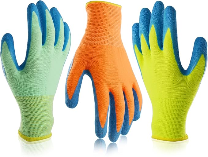 Kids Gardening Gloves, 3 Pairs Non-Slip Garden Gloves for Toddlers, Preschoolers, Schoolchildren, Preteen, Childrens Rubber Coated Yard Work Gloves, Size 4 (Age 7-8)