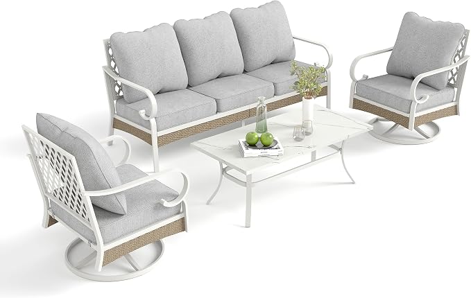 MIXPATIO 4 Piece Patio Furniture Set, 2 x Swivel Chair, 1 x 3-Seat Sofa with Marbling Coffee Table, 5 Seats Outdoor Conversation Set for Lawn Garden Backyard, Light Gray