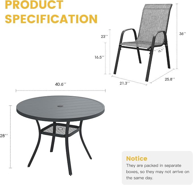 VICLLAX Patio Dining Set for 4, All Weather Metal 5 Pieces Patio Set-40.6" Round Outdoor Table and Stackable Chairs for Lawn Garden and Backyard, Grey Tabletop