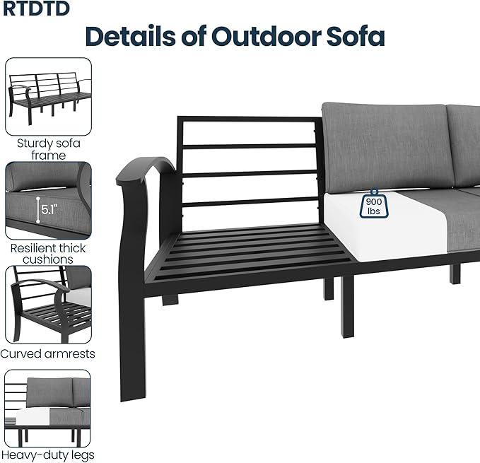 Aluminum Outdoor Patio Furniture Set,6 Pieces 5 Seats Metal Patio Sectional Furniture Set with 45" Propane Fire Pit Table,Patio Conversation Sets with 2 Ottomans,Grey
