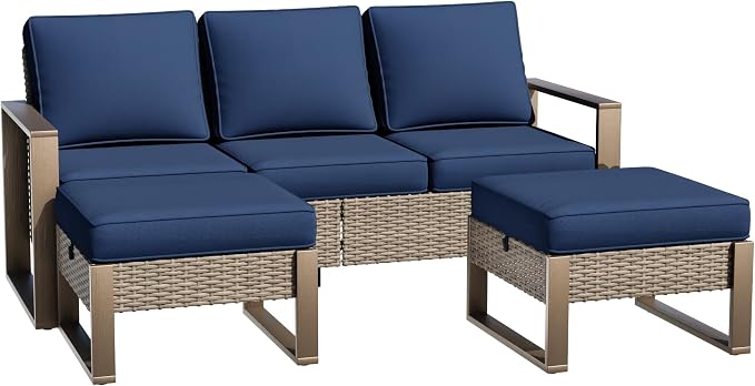 Wicker Patio 75" Sofa Set with Two Ottomans, All Weather Rattan Outdoor Conversation Furniture Set with Wood-Looking Metal Armrest for Deck Backyard Porch, Dark Blue