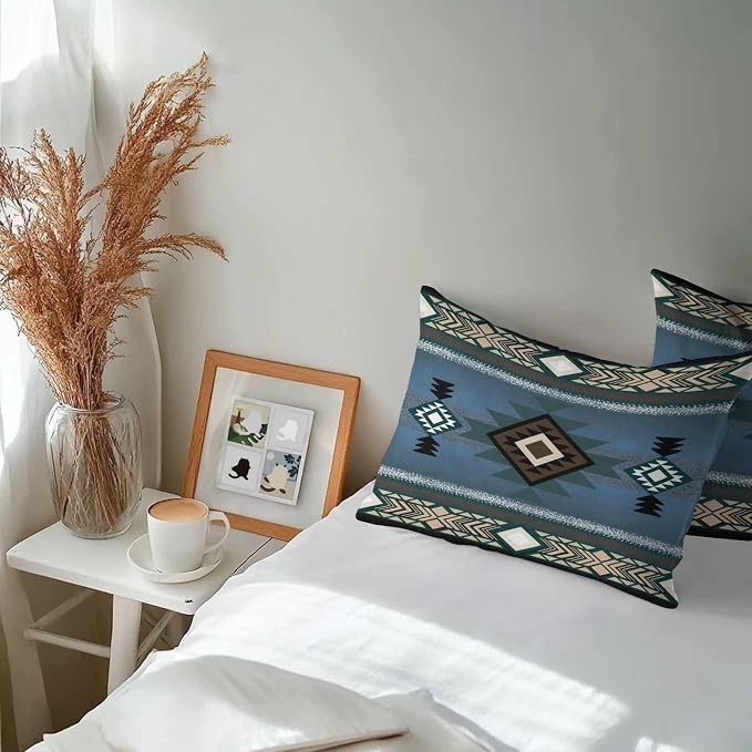 Vandarllin Outdoor Throw Pillows Covers 20x12 inch Set of 2 Waterproof Blue Tribal Style Decorative Zippered Cushion Covers for Patio Furniture, Southwest Native American Lumbar Pillowcases