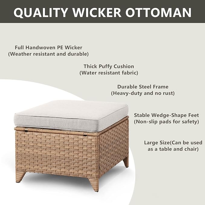 Rilyson Luxury Outdoor Wicker Patio Ottomans Set of 2, 250 lbs Capacity Rattan Large Ottomans for Patio Footrest Set 22.8in*22.8in*14in with 3.5in Thick Cushion (Yellow/Beige)