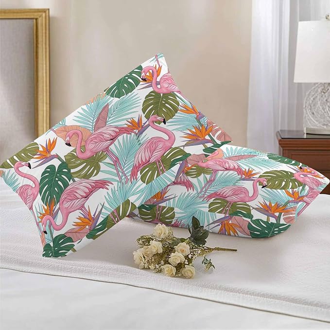Pink Flamingos Outdoor Pillow Covers 20"x12" Set of 2, Watercolor Monstera Leaf Green Tropical Plant Waterproof Throw Pillow Covers for Patio Furniture, Decorative Cushion Covers for Porch