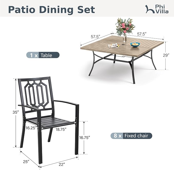 PHI VILLA 9 Pcs Outdoor Dining Set& 57.5" Wood-Like Table | Square Iron Table w/ Umbrella Hole & Stackable Black Metal Steel Chairs,Patio Furniture Set for Patio, Deck, Yard, Porch