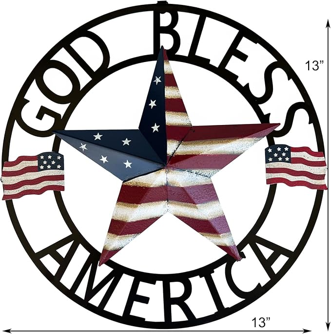 God Bless America USA Metal Star Hanging Welcome Home Signs Wall Decor 4th of July Patriotic Front Door Wreaths Hanger, Meta Flag Garden Fence Patio Front Porch Yard Indoor Outdoor Patriotic Decorations 13''H
