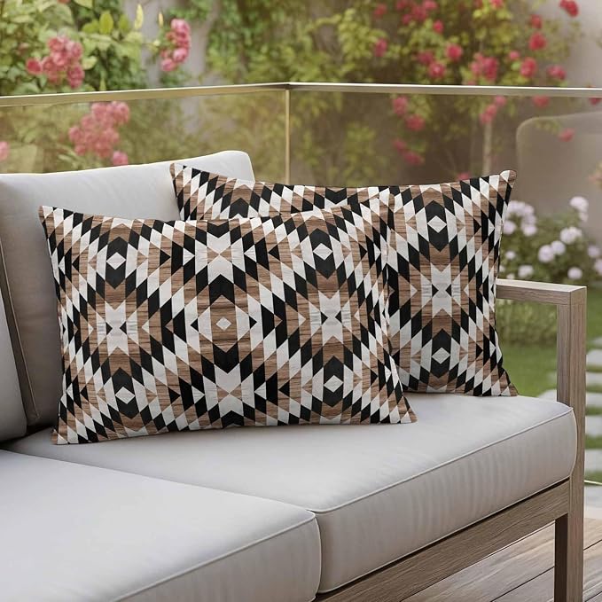 Brown Black Outdoor Pillow Cover 12x20 Inch Cushion Sham Case, Waterproof Decorative Lumbar Throw Pillowcase for Outside Garden Patio Porch Couch Chair Tent Moroccan Southwestern Aztec Abstract Boho