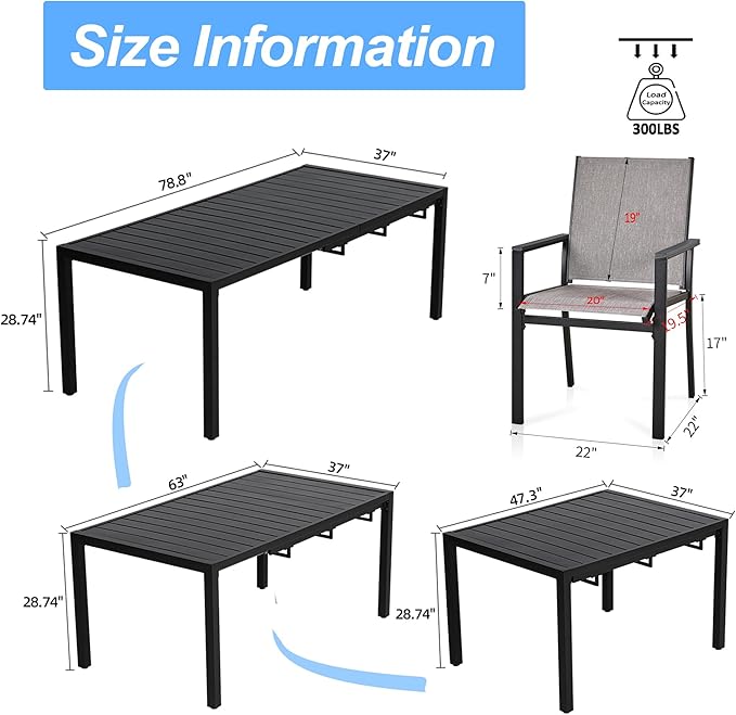 MEOOEM Outdoor Patio Dining Sets for 8, Outdoor Expandable Long Tables and Textilene Sling Chairs Set of 8, All Weather Heavy Duty 9-Piece Outdoor Patio Table and Chairs for Garden, Backyard