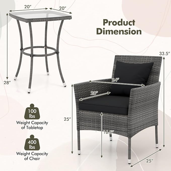 DORTALA Wicker Patio Furniture Set 3 Piece, Small Outdoor Table & Chairs with Tempered Glass Tabletop, Cushions, Rattan Conversation Bistro Set for Balcony, Porch, Backyard, Deck, Mix Gray+Black