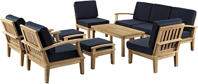 Modway Marina Premium Grade A Teak Wood 10-Piece Outdoor Patio Furniture Set in Natural Navy