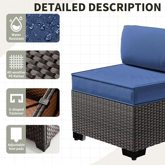 Gotland 7 Pieces Patio Furniture Set with 55000BTU Fire Pit Table, Wicker Patio Set with Wide Armrests 29.5'' High Backrest Thick Cushions 1 Coffee Table, Outdoor Furniture for Porch Deck Navy