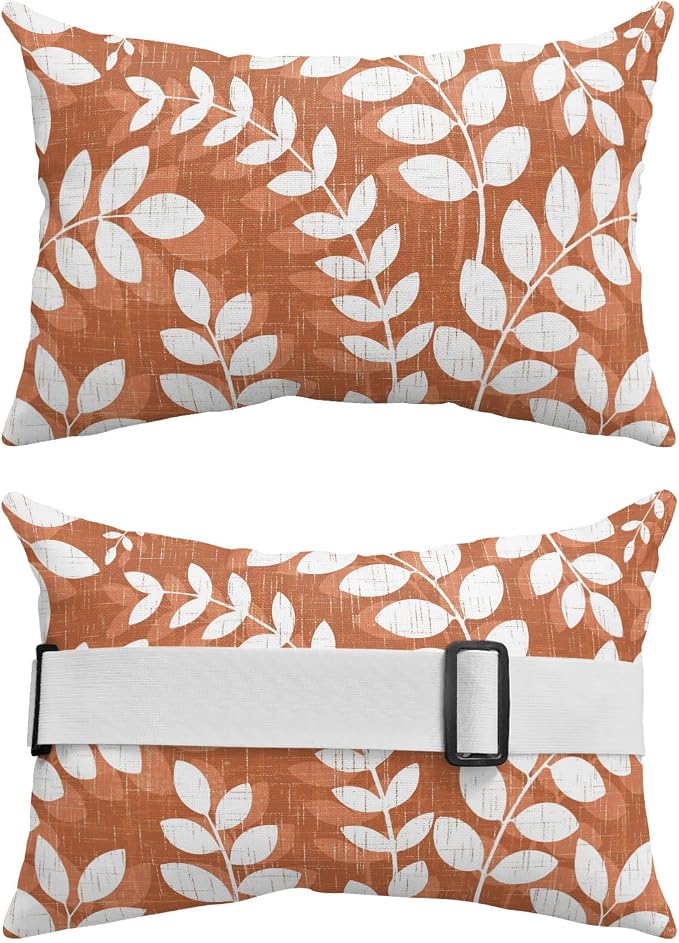 Outdoor Lumbar Pillow Set of 1, Terracotta Orange Leaves Waterproof Beach Headrest Pillow with Inserts, Farmhouse Botanical Branch Vintage Recliner Throw Pillows for Patio Furniture, 11 x 16