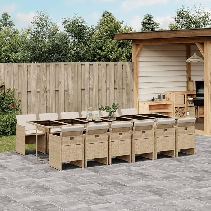 13 Piece Patio Dining Set, Foldable PE Rattan Garden Furniture Table and Chairs with Cushions for Backyard, Balcony, Beige
