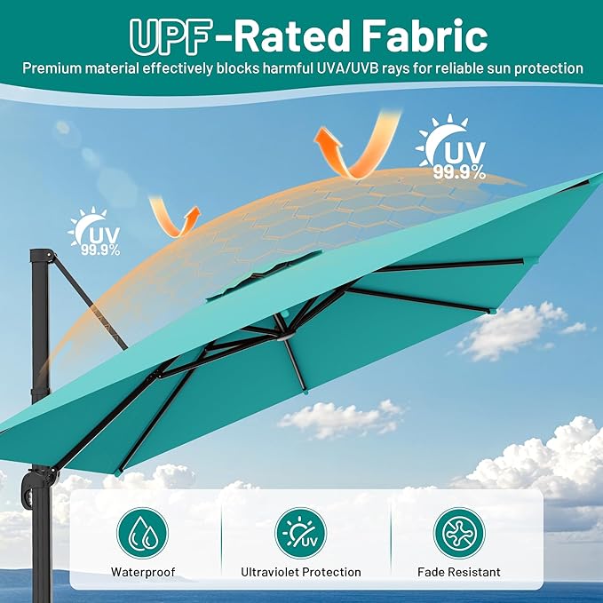 AreShark 8 × 8FT Square Cantilever Patio Umbrella with Base Included, 360° Rotation Offset Outdoor Umbrella, 5 Tilt Settings Heavy Duty Hanging Parasol for Deck Garden Pool, Peacock Blue