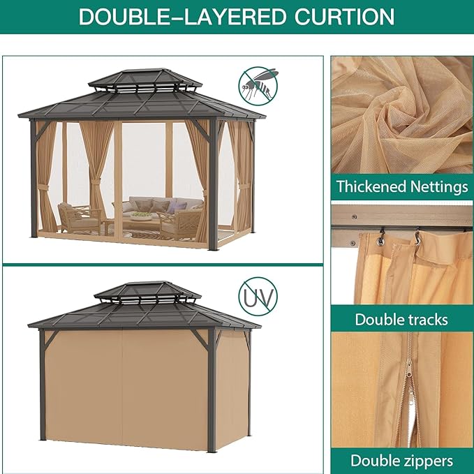 GAOMON 10x12ft Gazebo, Hardtop Outdoor Canopy Aluminum Frame Permanent Gazebo with Netting and Curtains, Polycarbonate Garden Tent for Patio, Lawn, Backyard, Deck (10'x12')