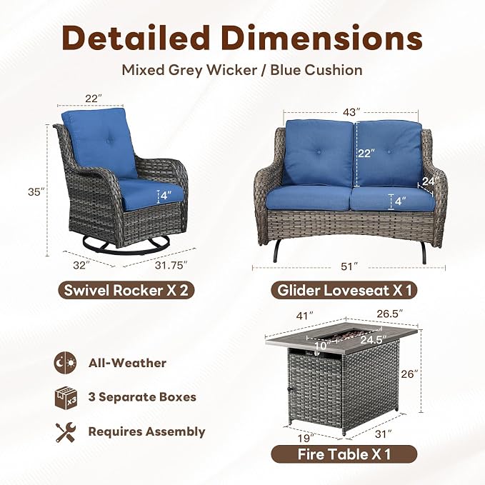 Belord 4 Piece Patio Wicker Furniture Set, Outdoor Swivel Rocker Chairs, All Weather Outdoor Patio Loveseat Set with Fire Pit Table for Deck Porch, Gray Wicker/Blue