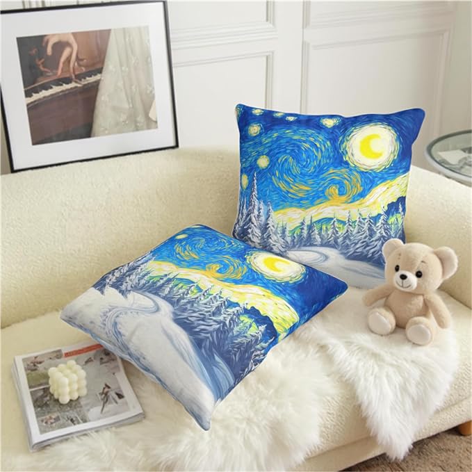 Winter Pine Forest Pillow Covers Van Gogh Starry Night Throw Pillow Covers Christmas Tree Pillowcase 16x16 Set of 2 Double Sided Printing Cushion Case for Living Room Couch Sofa