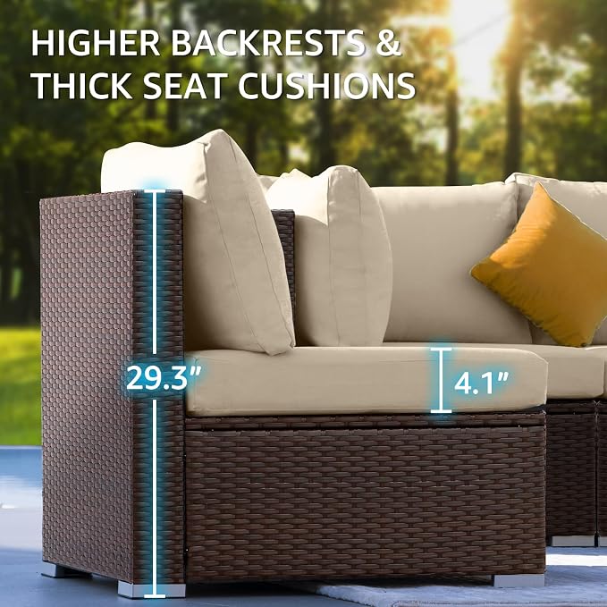 NICESOUL 13 Piece Patio Furniture w/Fireplace, Elegant Outdoor Seating w/Firepit, XL 29.3'' High Back Sectional Sofa, All-Weather Rattan Deck Couch, Modular Sturdy Conversation Set, Brown & Beige