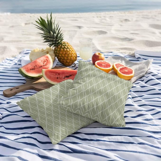 Sage Green Stripes Outdoor Pillow Covers 16x16 Inch Throw Pillow Covers Set of 2 Waterproof Decorative Pillow Cases Simple Geometric Modern Monochrome Cushion Covers for Patio Furniture Garden Couch