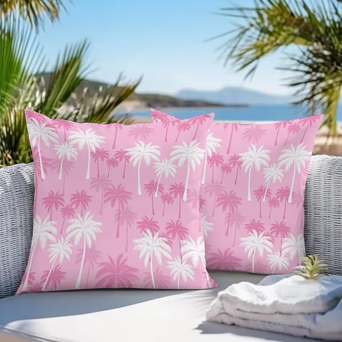 Throw Pillow Covers 18x18 Inch Set of 2, Tropical Palm Tree Waterproof Outdoor Pillow Covers, Magenta Pink Plants Coastal Leaf Beach Decorative Cushion Pillowcases for Couch, Sofa, Bed, Garden, Patio