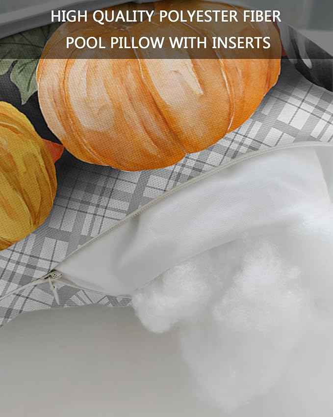 Outdoor Pillows Covers with Inserts Fall Pumpkin Black White Lattice Waterproof Recliner Pillow with Adjustable Strap Throw Pillows for Patio Furniture Pool Lounge Chair, 11x16 inch, 2PCS