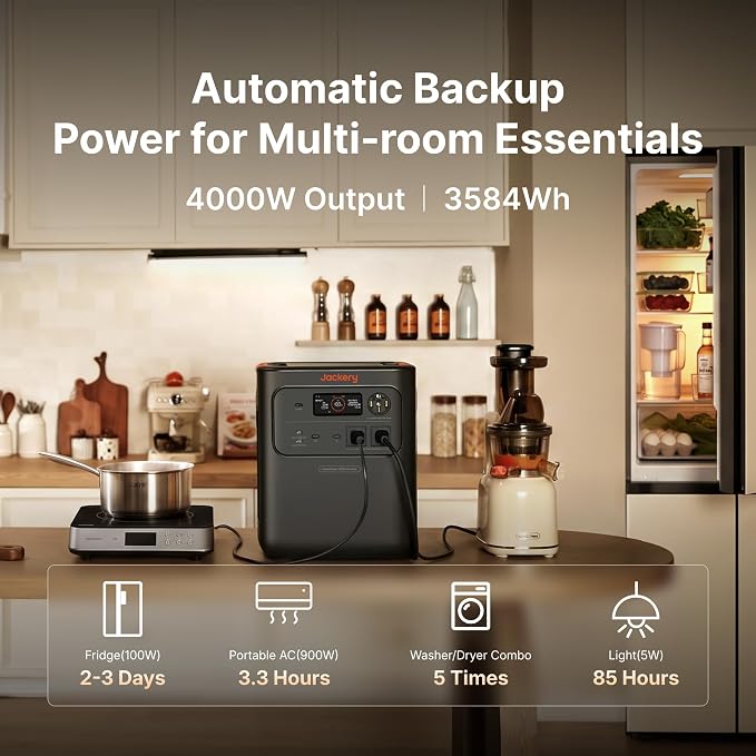 Jackery HomePower 3600 Pro Max Portable Power Station with Extra Battery, 500W Solar Panel, MTS & 40A Charging Cable, 4000W 120V/240V AC Output, 3584Wh LFP, Expandable to 21kWh, Essential Backup