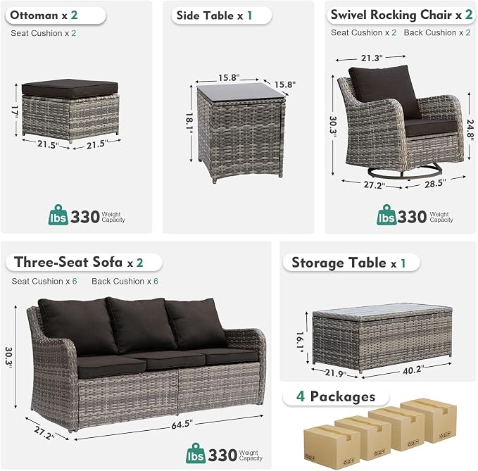 MEISSALIVVE Outdoor Patio Furniture Set with Swivel Chair, 8 Pieces Patio Conversation Set, Patio Sectional Furniture Set with 2 Three-seat Sofa, 2 Ottomans and Coffee Table (Black)