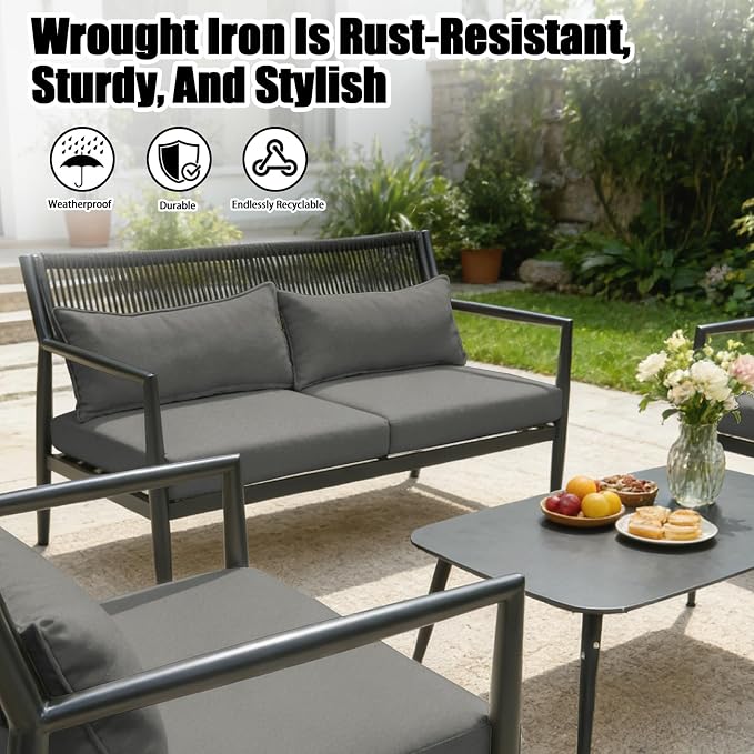 Outdoor Patio Furniture Set, 4 Seats Outdoor Sectional with Coffee Table, Patio Conversation Sets with PE Rope, Outdoor Sectional Sofa with Thick Cushions for Balcony, Porch (Dark Gray)