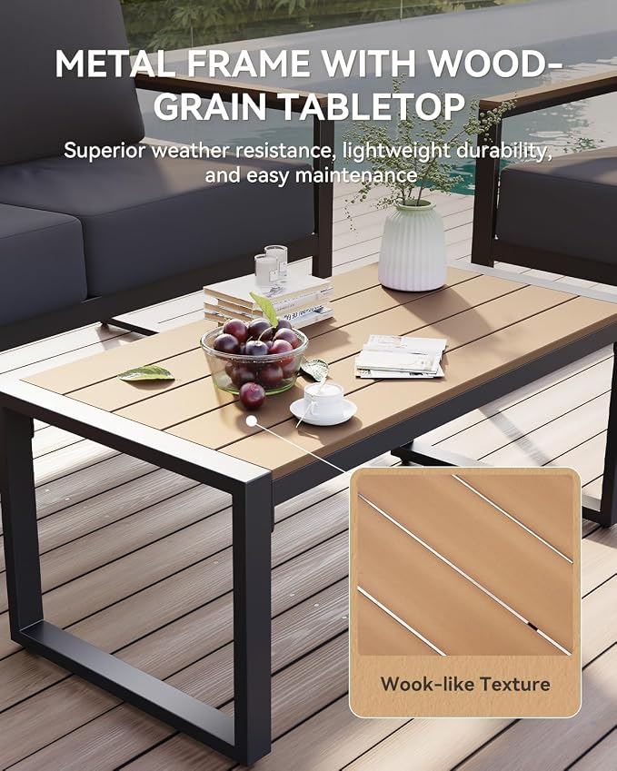 Aoxun Patio Furniture Set, 4 Piece Outdoor Patio Furniture with Thick Cushions, Modern Metal Outdoor Conversation Sets with Coffee Table for Porch, Balcony, Deck Dark Grey