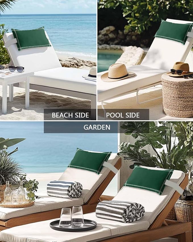Chaise Lounge Chair Pillow with Strap & Insert Solid Color Outdoor Recliner Head Pillow Pack of 2 Olive Green Vintage Waterproof Headrest Patio Lumbar Pillow for Beach Pool Office Chair 12x20 Inch