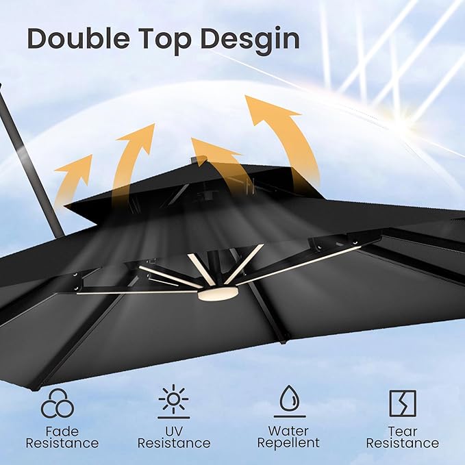 9x12 FT Cantilever Patio Umbrella with Led Lights Double Top Outdoor Rectangular Large Heavy Duty Aluminum Offset Umbrellas with 7 Level Tilt 360-degree Rotation for Pool Garden Deck, Black