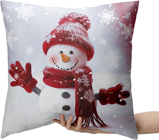 Christmas Snowman Throw Pillow Covers Winter Holiday Pillow Covers 20x20 Set of 2 Red Snowman with Snowflake Cushion Case for Couch Living Room Bedroom Sofa