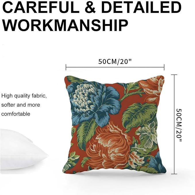 Blue Floral Chinoiserie on Orange Throw Pillow Covers Peony Chic Asian Pillows 20x20 INRustic Accent Farmhouse Decor Pillow for Sofa Bed Chair Car