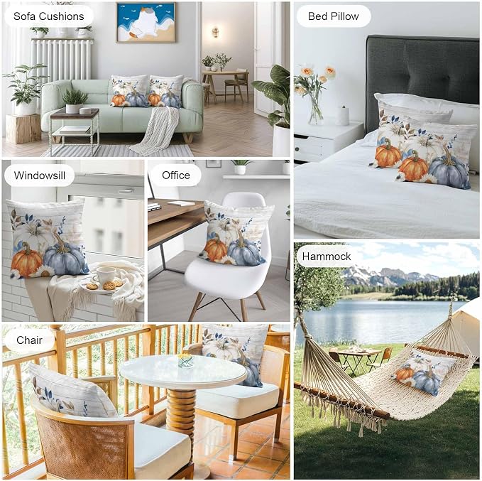 Fall Outdoor Throw Pillows Covers 18x18 inch Set of 2 Waterproof Blue White Pumpkin Zippered Cushion Covers for Patio Furniture, Autumn Eucalyptus Leaves Floral Wood Thanksgiving Lumbar Pillowcases