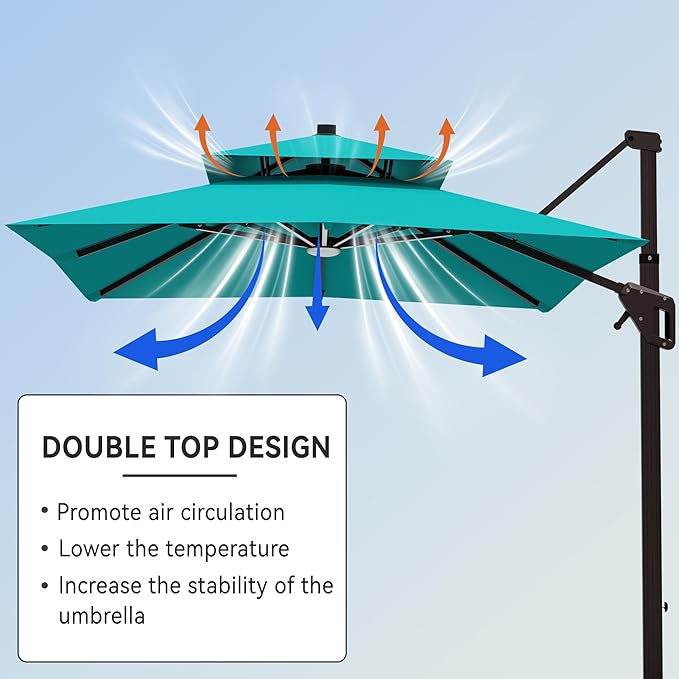 10' X 13' Cantilever Patio Umbrella with Led Lights Double Top Rectangular Outdoor Large Offset Umbrellas with 7 Tilts Adjustable 360°Rotation for Deck Pool Garden Backyard, Turquoise