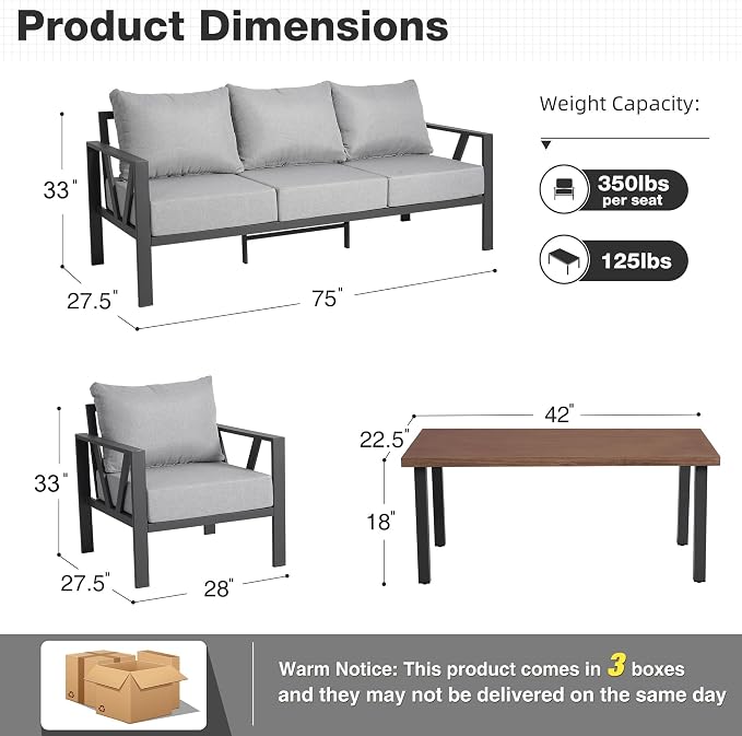 Patio Furniture Set, Metal Outdoor Furniture with Coffee Table, Modern Outdoor Patio Conversation Seating Set,Light Grey