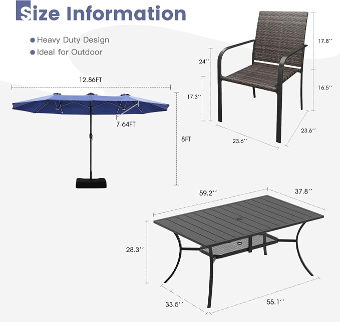 VICLLAX 8 Pieces Patio Dining Set with Blue Umbrella, 6 Stakable Wicker Outdoor Chairs and Patio Rectangular Table with Umbrella Hole for Backyard Lawn Deck, Black Tabletop