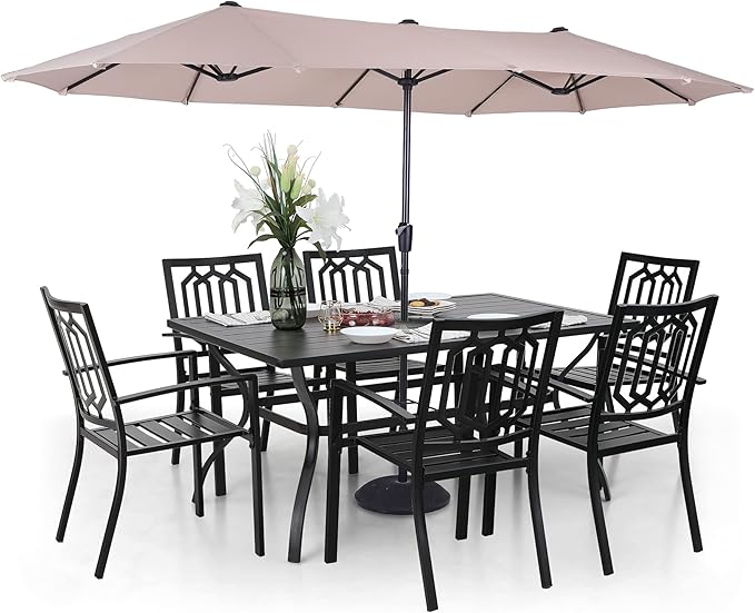 Sophia and William Patio Dining Set for 6 with 13ft Double-Sided Patio Umbrella, 8 Piece Metal Outdoor Table Furniture Set, 6 Outdoor Chairs, 1 Rectangle Dining Table and 1 Large Beige Umbrella