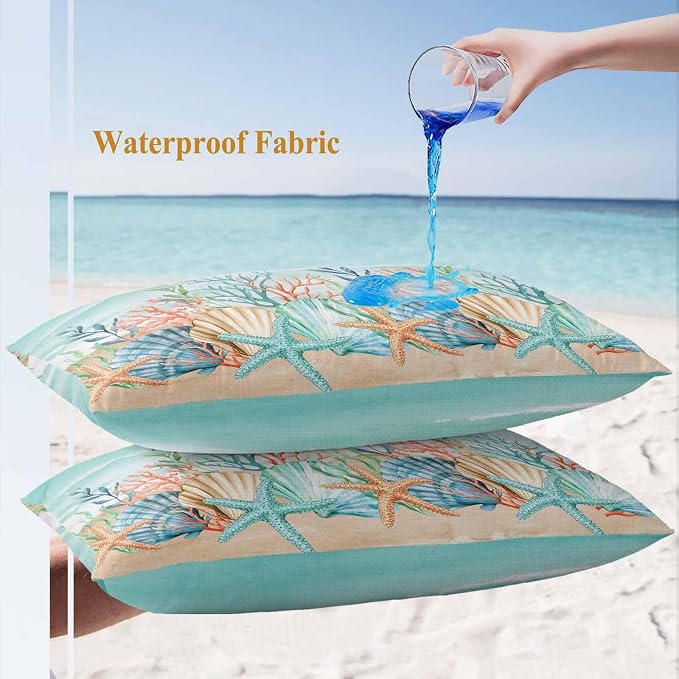 Lumbar Pillow Covers 20x12 Inch Set of 2, Coastal Beach Waterproof Outdoor Pillow Covers, Ocean Wave Summer Sea Starfish Coral Teal Beige Decorative Cushion Pillowcases for Couch, Sofa, Bed, Patio
