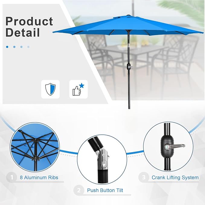 Crownland 7 Piece Furniture Patio Dining Set with Sky Blue Umbrella, 6 Swivel Metal Chairs and Rectangular Outdoor Dining Table, Outdoor Furniture Dining Set for Lawn, Backyard, Garden(Black)