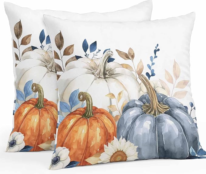 Fall Outdoor Throw Pillows Covers 18x18 inch Set of 2 Waterproof Blue White Pumpkin Zippered Cushion Covers for Patio Furniture, Autumn Eucalyptus Leaves Flower Thanksgiving Lumbar Pillowcases
