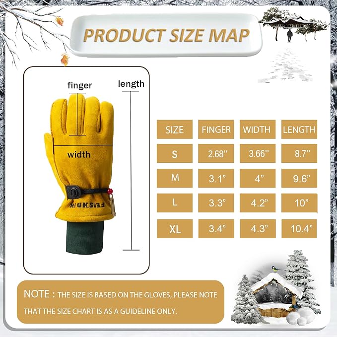 Kids Waterproof Winter Work Gloves, Insulated Warm Windproof(Age 12-14, XL) | Soft Deerskin Suede Leather, Elastic Cuff, Adjustable Band, 4 Size Choosable Kids Cold Weather Gloves for Children Toddler
