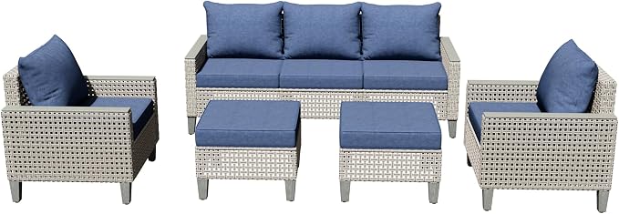 Outdoor Patio Furniture Set 7-Piece Modular Wicker Sectional Sofa with Ottomans and Thick Cushions, Modern Rattan Outdoor Conversation Couch for Garden Backyard, Navy