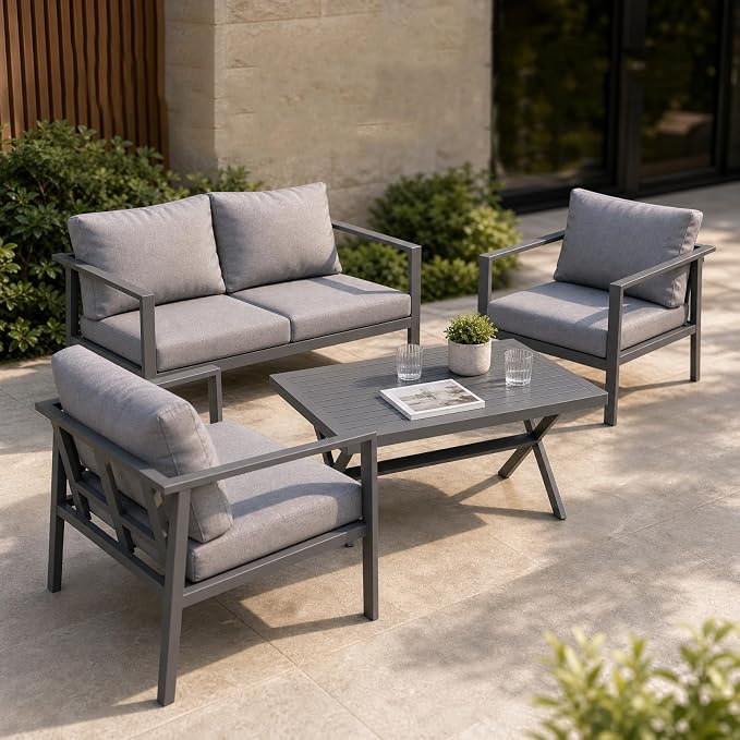 Aluminum Patio Sectional Furniture Set, 4 Piece Patio Conversation Sets Outdoor Patio Furniture Set Sofa with Coffee Table & Washable Cushions Grey